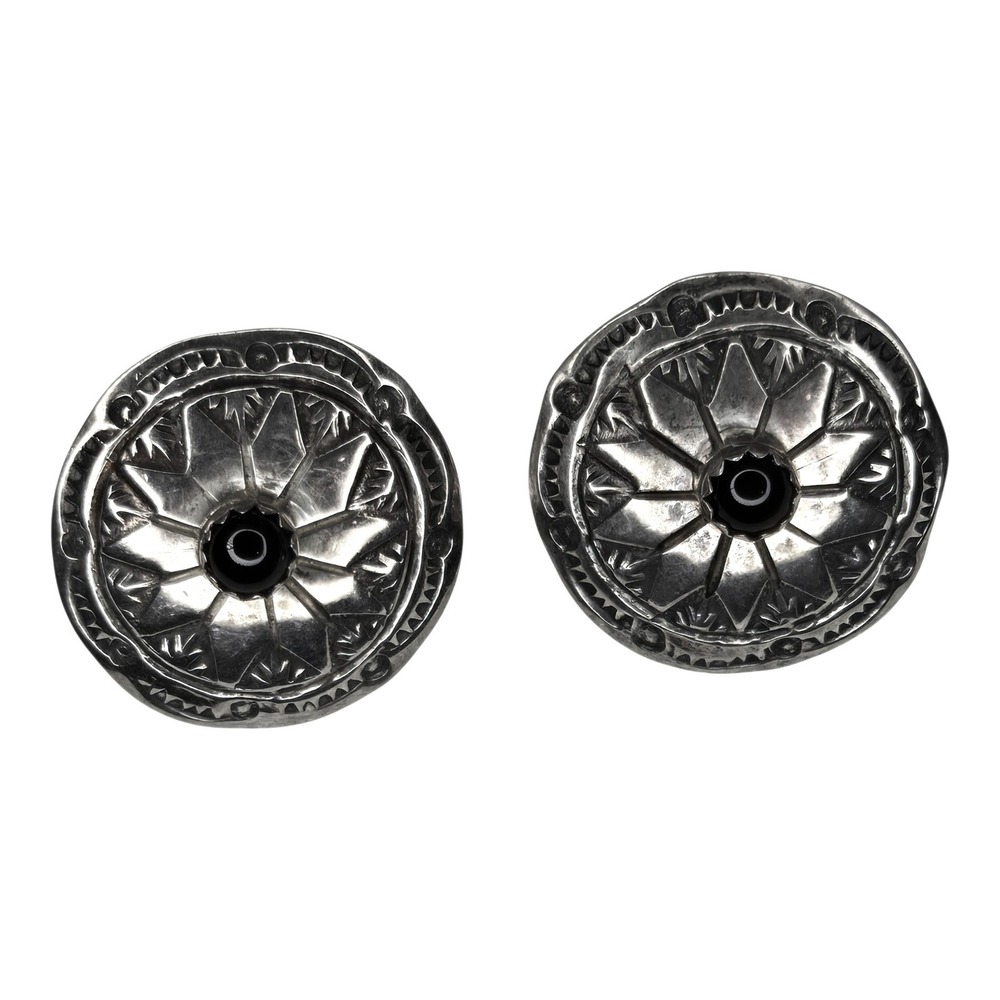 Vintage Clip On Earrings Sterling Silver Black Onyx Concho Signed LO